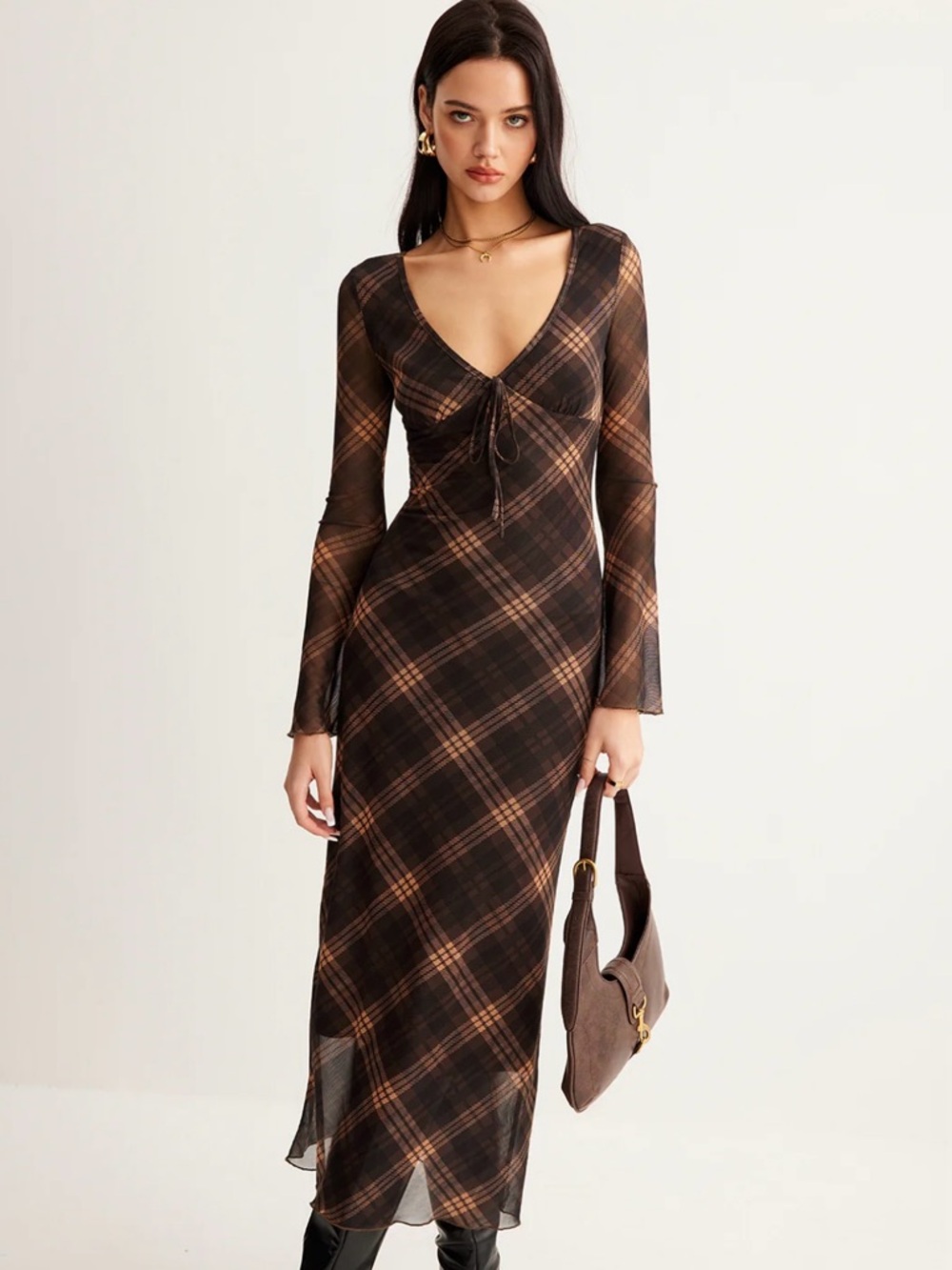 Commense Semi-Sheer Checked Bell-Sleeve Mesh Dress, size XS, NWT! - Picture 2 of 7